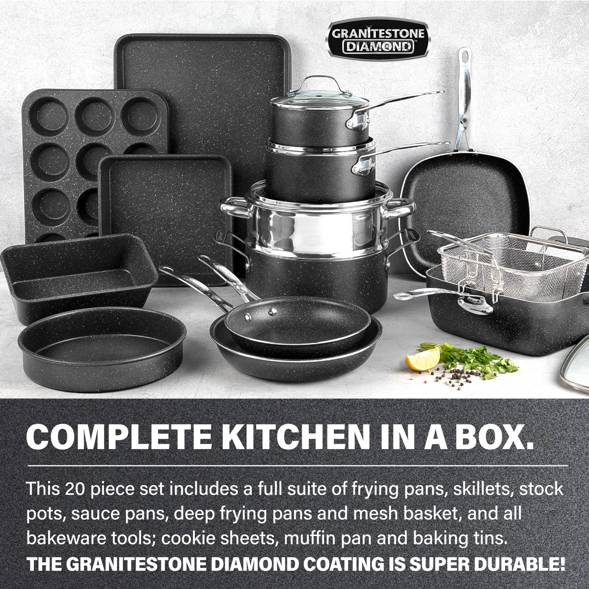 20 Piece Aluminum Non Stick Cookware & Bakeware Set with Ultra Nonstick Surface, Oven & Dishwasher Safe
