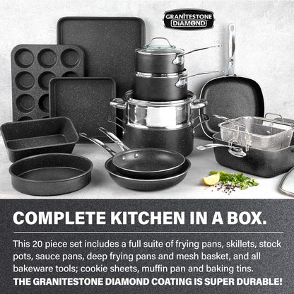 20 Piece Aluminum Non Stick Cookware & Bakeware Set with Ultra Nonstick Surface, Oven & Dishwasher Safe