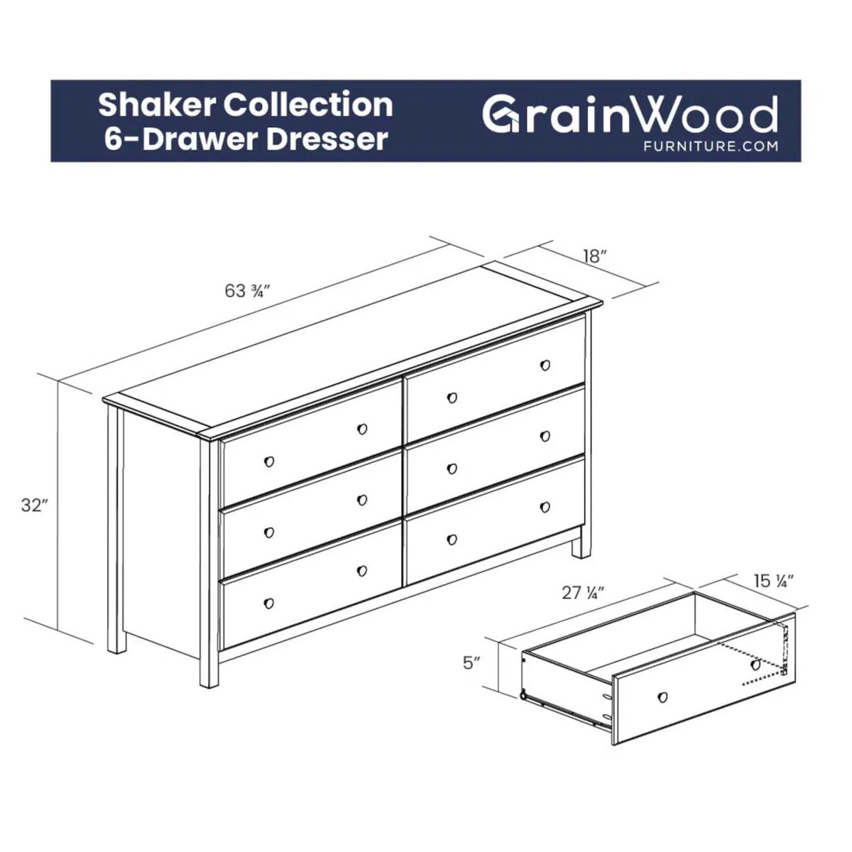 Shaker Solid Wood 63.75'' W 6 - Drawer Dresser