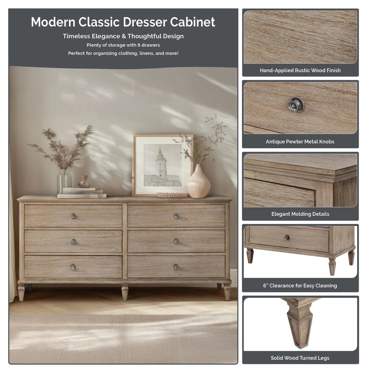 Victoria 6-Drawer Double Wide Wood Dresser